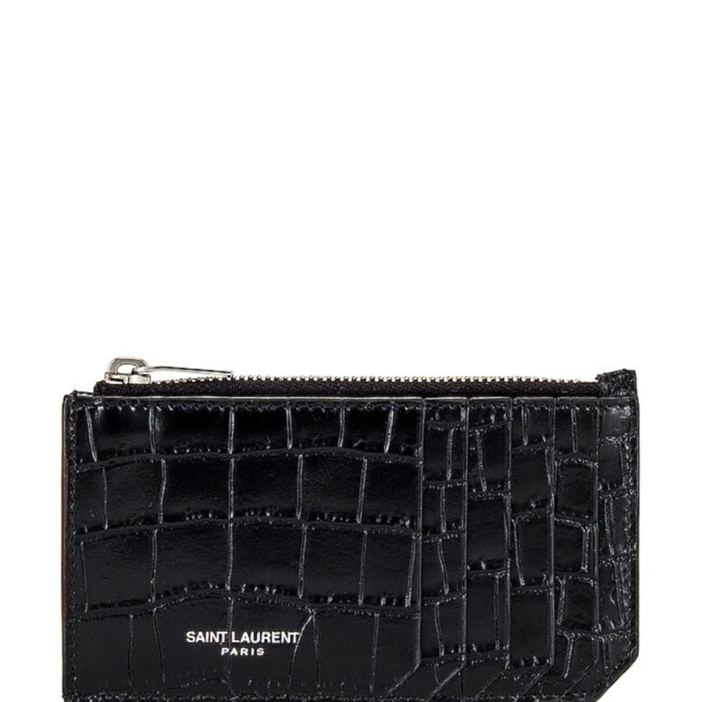 Saint Laurent Black Croc-Embossed Zip Fragments Card Holder
